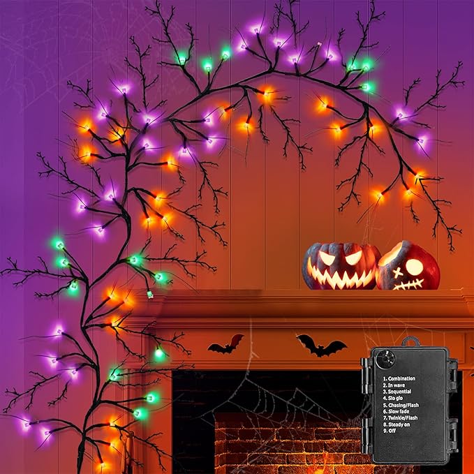 [ Timer & 8 Modes ] 6 Ft 54LED Halloween Willow Vine Twig Decor Branches Garland Decorations Orange ＆ Purple ＆ Green Lights -Battery Operated Garland for Indoor Wall Fireplace Halloween Decorations-Ruum Studio Home