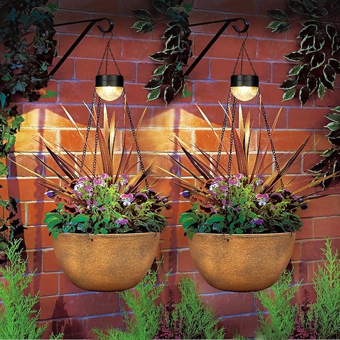 2 Packs Hanging Planters Basket for Outdoor Plants, Solar Powered Self Watering Bronze Round Plastic Flower Pots with Drainer for Balcony Patio Garden Outdoor Decoration-Ruum Studio Home