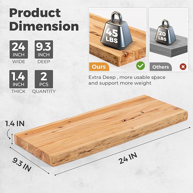 RICHFOCUS Live Edge Elm Floating Shelves - 24" W x 9.3" D Rustic Solid Wood Wall Shelves with Invisible Bracket, Wall-Mounted for Living Room, Bedroom, Kitchen Storage & Display, Set of 2, Natural-Ruum Studio Home