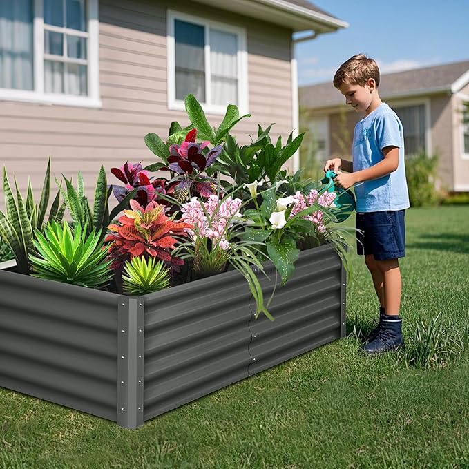 Galvanized Raised Garden Bed Outdoor, 2 Pcs 6x3x1.5FT Outdoor Large Planter Raised Beds Open Base with Safety Edge and Glove for Vegetables Flowers Ground Planter, Dark Grey-Ruum Studio Home