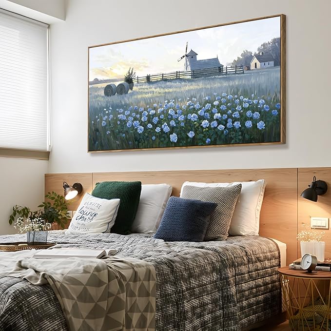 amatop Extra Large Wall Art Bedroom – Framed Country Landscape Canvas Art Blue Floral Field Windmill Print with Natural Wood Frame Rustic Wildflower Picture Home Decor for Living Room Office 58x29 Inch-Ruum Studio Home