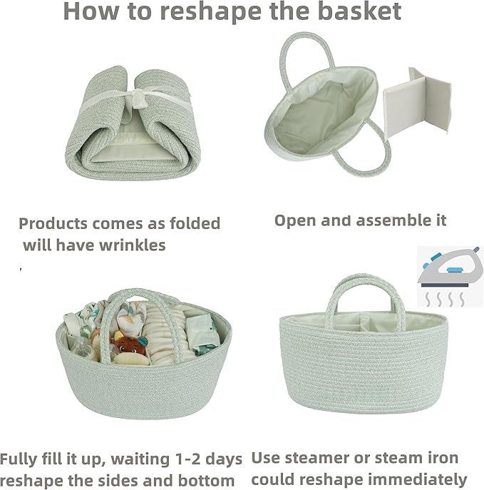 Diaper Caddy Organizer Cotton Rope Baby Basket Nursery Storage and Portable Tote Bag for Car Ideal Baby Shower Gifts and Registry Must-Have for Newborn Essentials Large light green-Ruum Studio Home