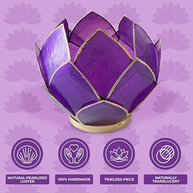 Blooming Lotus Capiz Shell Tealight Candle Holder, Handcrafted Decorative Tea Light Candleholder with Translucent Flower Petals for Ambient Illumination and Natural Elegance, Purple-Ruum Studio Home