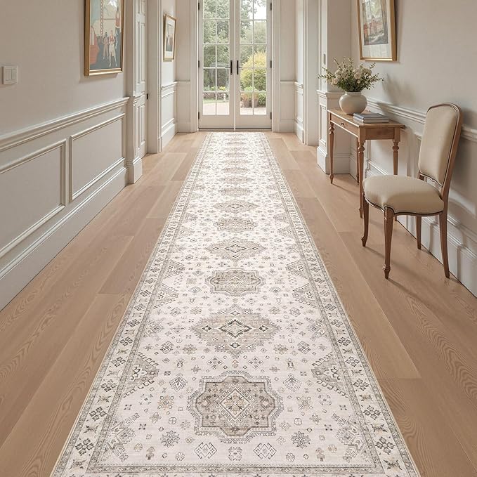 Washable 3x20 Runner Rug - Area Rugs Neutral Vintage Distressed Floral Farmhouse Boho Large Soft Floor Rug Indoor Carpet for Hallway Entryway Home - Beige Brown-Ruum Studio Home