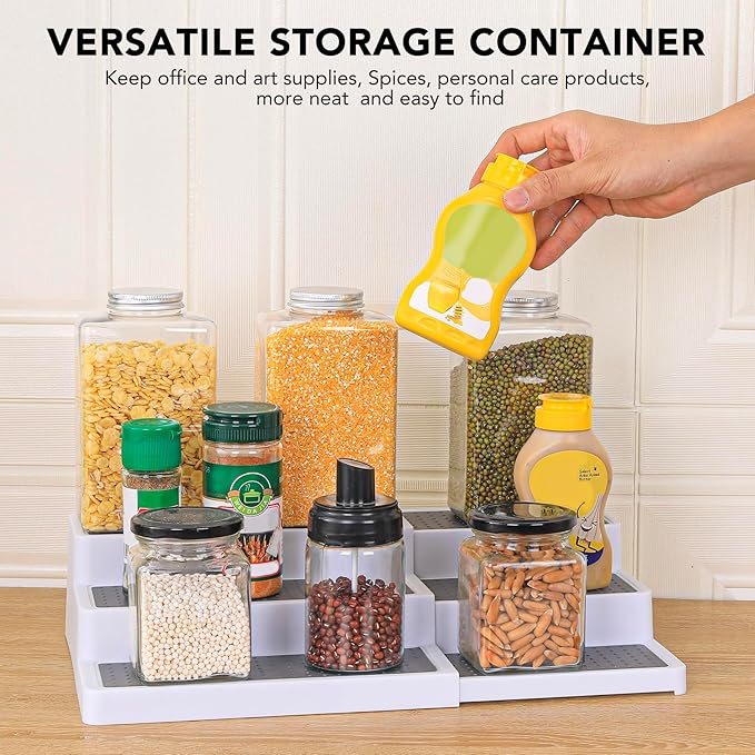 3-Tier Expandable Spice Rack, Plastic Spice Rack Organizer for Cabinet, Adjustable Length, Non-Skid Spice Shelf Organizer for Kitchen Cabinet, Countertop or Pantry, 2 Pack, White/Grey-Ruum Studio Home