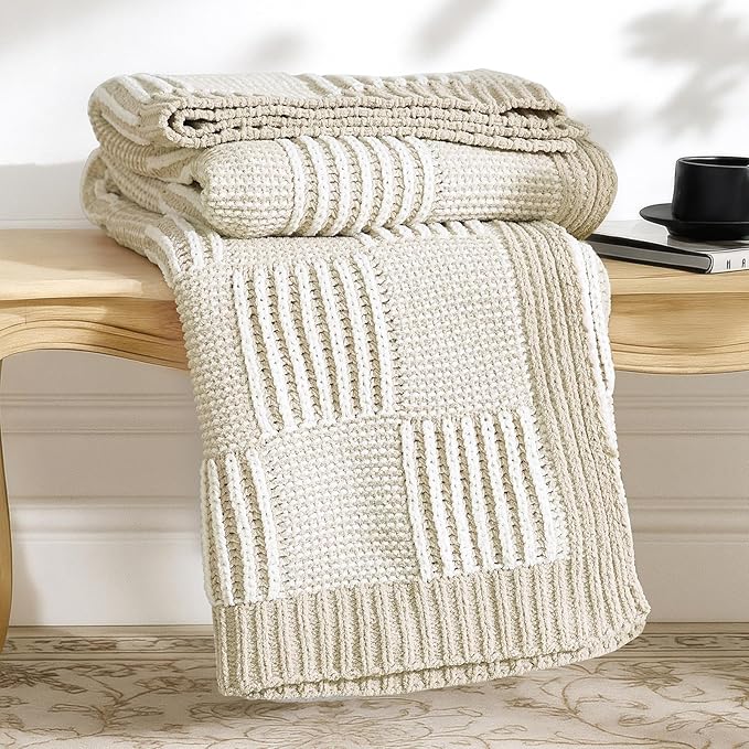 Amélie Home Chenille Knit Throw Blanket for Couch, Checkered Texture Decorative Soft Blanket for Sofa, Bed & Living Room, 50"x60", Khaki & White-Ruum Studio Home