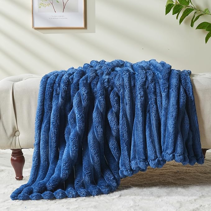 NEWCOSPLAY Super Soft Twin Blanket Navy Premium Silky Flannel Fleece 3D Ribbed Jacquard Lightweight Bed Blanket All Season Use (Navy Ribbed, Twin(60"x80"))-Ruum Studio Home