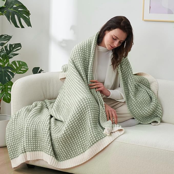 Amélie Home Chenille Waffle Throw Blanket for Couch, Reversible Pineapple Stitch Knit Soft Cozy Knit Blanket Lightweight Warm Decorative Throw for Sofa, Bed, Living Room, 60 * 80", Sage Green&Ivory-Ruum Studio Home