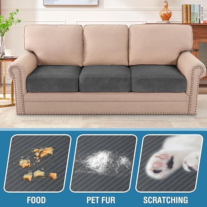 H.VERSAILTEX Velvet Stretch Couch Cushion Cover Plush Cushion Slipcover for Chair Loveseat Sofa Cushion Furniture Protector Seat Cushion Sofa Cover (3 Piece XL Sofa Cushion Covers, Grey Striped)-Ruum Studio Home
