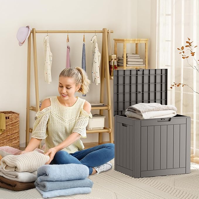 31 Gallon Resin Deck Box, Lockable Patio Outdoor Storage Box for Furniture, Garden Tools and Tools Storage, Waterproof Outside Storage Boxes - Grey-Ruum Studio Home