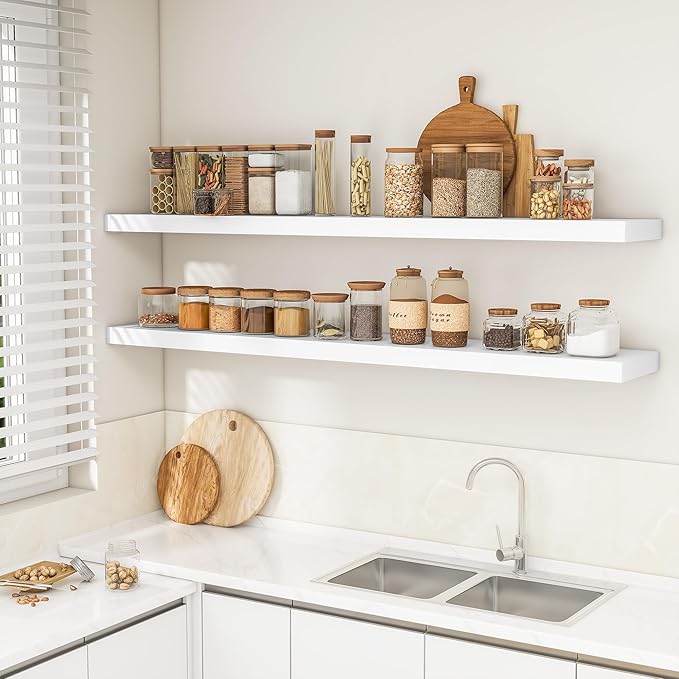 RICHFOCUS 72Inch Floating Shelves for Wall 2 Pack Shelves for Bedroom|Kitchen|Bathroom Wall Mounted Rustic Wood Floating Shelf with Invisible Brackets for Books|Storage|Decor, White-Ruum Studio Home