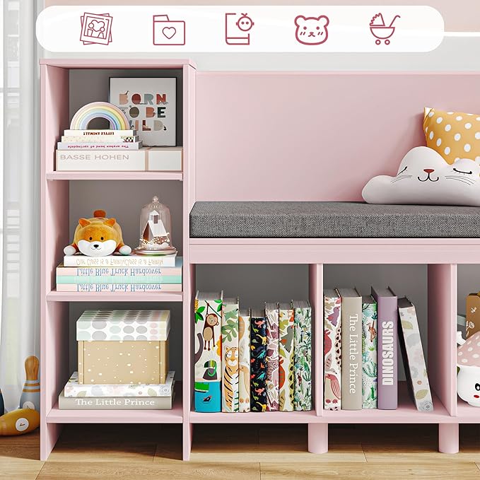 HOSTACK 67" Kids Reading Nook with Bench, Kids Bookshelf and Bookcase with Seat Cushion and 6 Storage Cubbies, Toy Storage Box on Wheels, Toy Chest for Playroom, Bedroom, School, Pink-Ruum Studio Home