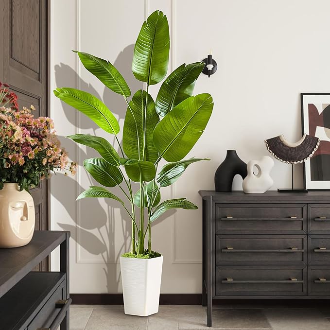 Lifelike Bird of Paradise Silk Artificial Plant Faux Banana Leaf Tree for Home Decor - Perfect Indoor Floor Plant with 11 Trunks (1, White Tall Planter, 6.6 FT)-Ruum Studio Home