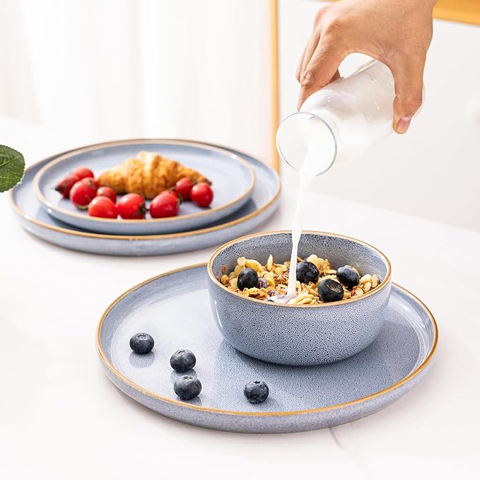 GBHOME Ceramic Dinnerware Sets for 6, 18 Pieces Stoneware Plates and Bowls Sets, Scratch Resistant Dish Sets for Dinner, Dishwasher & Microwave Safe, Brunnera Blue-Ruum Studio Home