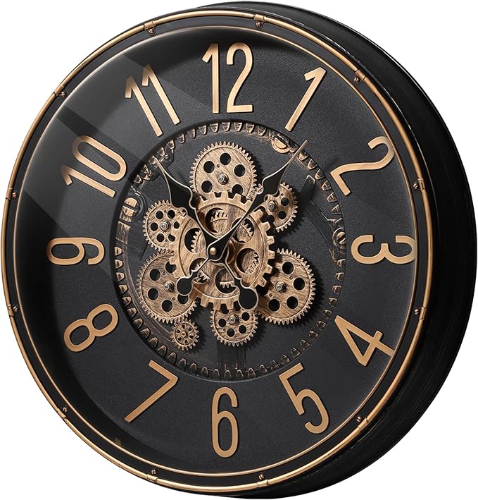 Maxstar Large Moving Gear Wall Clock,20" Vintage Mechanical Battery Operated Industrial Wall Clocks for Farmhouse Living Room,Home Office, Dinning Room, Kitchen, Steampunk Decor-Gold,Arab Numeral-Ruum Studio Home