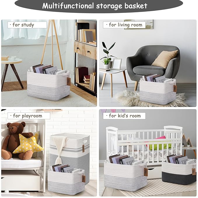 COMFY-HOMI 3 Pack Cotton Rope Square Basket with Handles - Storage & Organizer (White/Black Line, 13.5" x 11" x 9.5")-Ruum Studio Home