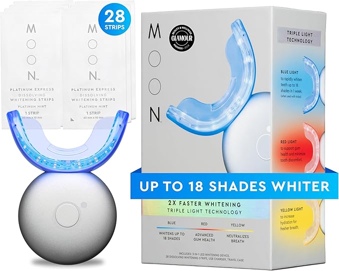 MOON LED Teeth Whitening Kit - Platinum Teeth Whitener Device + 28 Dissolving White Strips - Yellow, Blue, + Red Light Therapy Whitening Tray for Gum Health and Fresh Breath (4 Piece Kit)-Ruum Studio Home