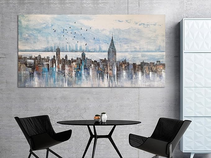 Arjun Cityscape Wall Art New York City Skyline Buildings Picture Modern Abstract Grey NYC Skyline Birds City View Painting Framed Artwork for Bedroom Living Room Home Office Decor Extra Large 58"x29"-Ruum Studio Home