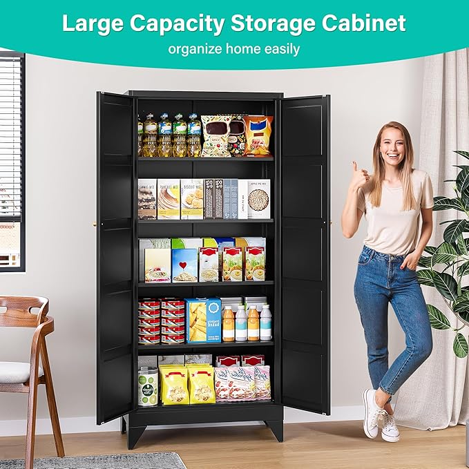Metal Storages Cabinet with 2 Doors and 5 Shelves,Tall Storage Cabinet,Large Cupboard Closet,Pantry Storage Cabinet for Home,Office,Bathroom,Dining/Living Room (Black, 71" H)-Ruum Studio Home