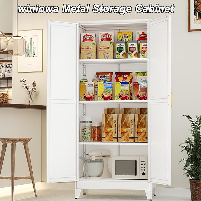 Metal Pantry Cabinet with 2 Doors and Adjustable Shelves - 61" Kitchen Storage Cabinet with Gold Handles - Versatile Storage for Kitchen, Bathroom, Dining Room, Utility Room - White-Ruum Studio Home