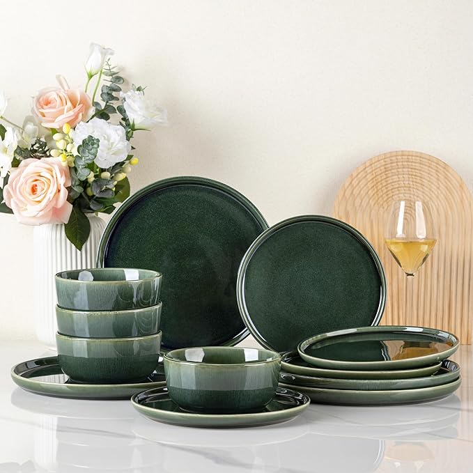 GBHOME Ceramic Dinnerware Sets for 8, 24 Pieces Stoneware Plates and Bowls Sets, Reactive Glaze Dishes -Scratch Resistant, Dishwasher&Microwave Safe, Earth Green-Ruum Studio Home