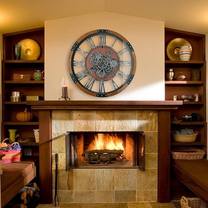30 Inch Moving Gear Wall Clock, Oversized Wall Clocks, Clock Living Room Decor, Solid Wood Frame, Battery Operated, Large Wall Clock with Steampunk Industrial for Fireplace(Machilus)-Ruum Studio Home