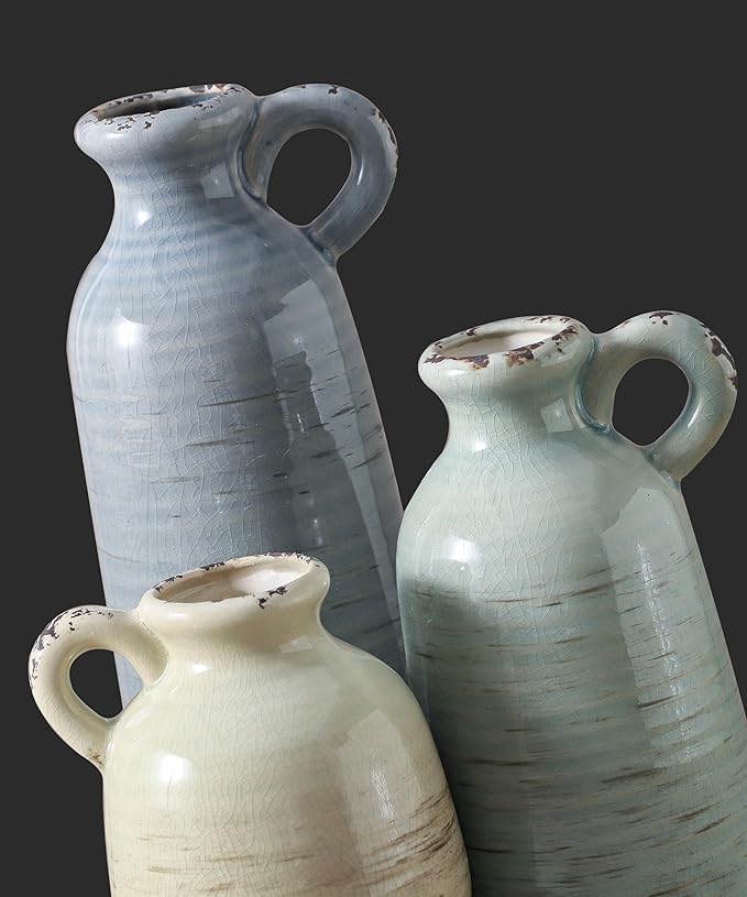 Ceramic Vase Set of 3 | Neutral Vase Home Decor with Handle | Pottery Modern Farmhouse Vases Pampas Grass Flower Vases for Home Decor Table Living Room Centerpieces Mantel Decor - Multicolor-Ruum Studio Home