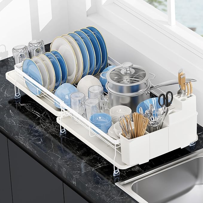 ROTTOGOON Expandable Dish Drying Rack,Multifunctional Adjustable Dish Drainer with Swivel Spout and Anti-Rust Dish Rack with Removable Cutlery & Cup Holders for Kitchen Counter,White-Ruum Studio Home