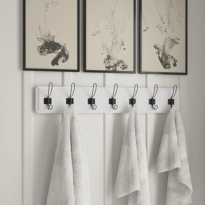 HBCY Creations White Solid Wood Wall Mounted Coat Rack with Shelf, 7 Hooks, 34" Long - Kitchen, Mudroom, Entryway, Bathroom - Includes Mounting Hardware, Coat Hanger, Dog Leash Hooks, Towel Rack-Ruum Studio Home