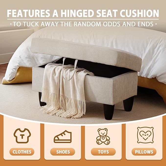 Ottoman Rectangular Storage Ottoman Bench, Flannel Footrest Stool Footstool with Lid for Living Room, Bedroom, Entryway, Khaki, 28.5"x19"x17.5"-Ruum Studio Home