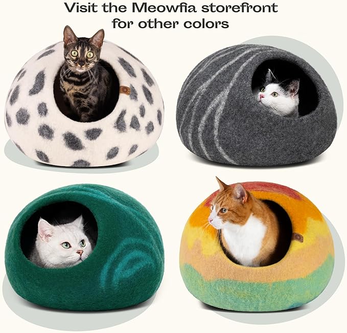 MEOWFIA Cat Cave – Premium Felt Cat Bed for Indoor Cats, Handmade 100% Merino Wool (Medium, Emerald)-Ruum Studio Home
