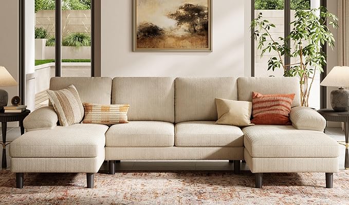 LINSY HOME Sectional Couch, 111'' W Corduroy U Shaped Sofa with Sleepable Armrests, 4 Seat Couch with Double Chaises, Deep Seat Sofa for Living Room, Beige-Ruum Studio Home