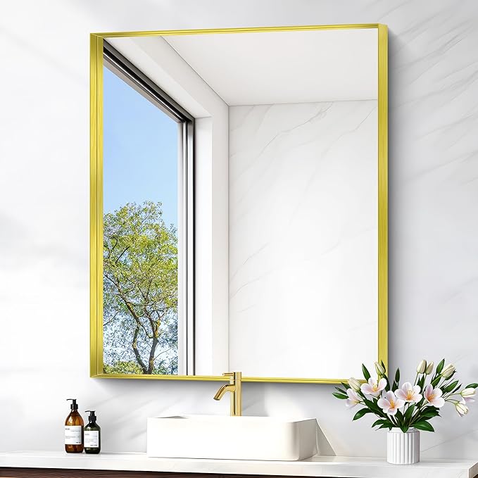 Gold Bathroom Mirror, 30x36 Inch Rectangular Framed Mirror, Large Wall Mounted Bathroom Vanity Mirror Over Sink for Bedroom,Restroom, Living Room, Hangs Vertically or Horizontally-Ruum Studio Home