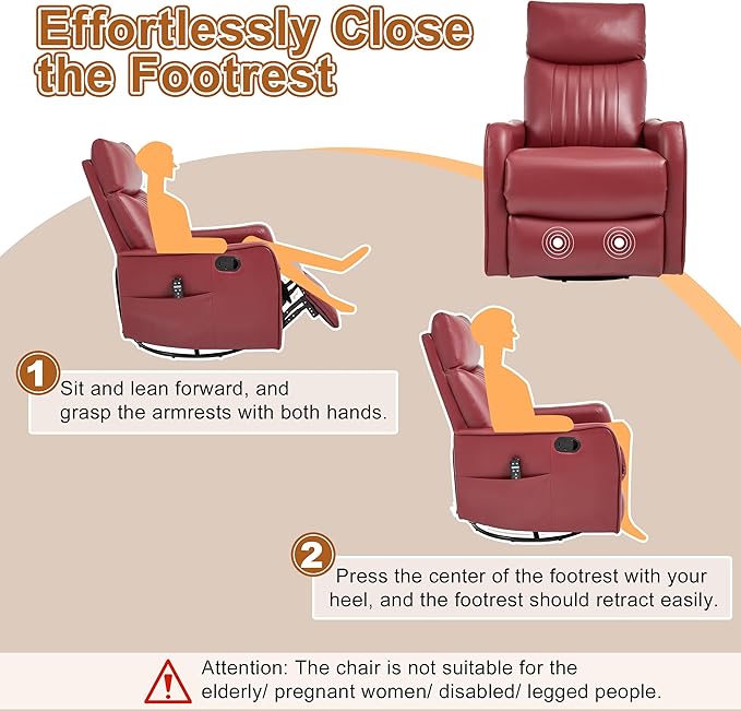 Manual Swivel Rocker Recliner Chair for Adults, Overstuffed Reclining Glider Chair for Nursing with Vibration Massage & Heat, Living Room Rocking Recliner 2-Stage backrest, Faux Leather Red-Ruum Studio Home