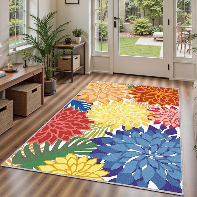 Area Rug 3x5 Washable Entry Rug Multicolored Tropical Botanical Modern Floral Indoor Kitchen Door Mat Entrance Carpet Non Slip for Bedroom Living Room, Porch-Ruum Studio Home