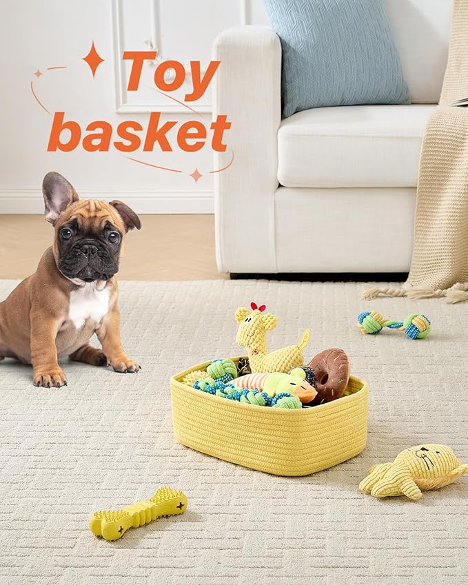KALLAX Small Woven Basket, 12 x 8 x 4.5 Inches, Storage Basket for Organizing, Cute Small Rope Shelf Closet Cube Storage Bins Baskets for Shelves, Dog Toy Gift Baskets Empty, 3 Pack Yellow-Ruum Studio Home