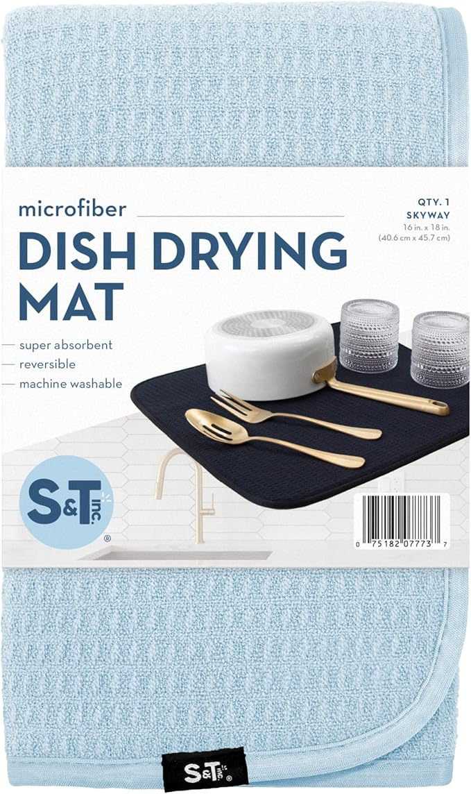 S&T INC. Dish Drying Mat, 16” x 18”, Absorbent Microfiber Kitchen Counter Mat, Dish Drying Pad for Dishes, Utensils, Pots and Pans, Large, Sky Blue-Ruum Studio Home