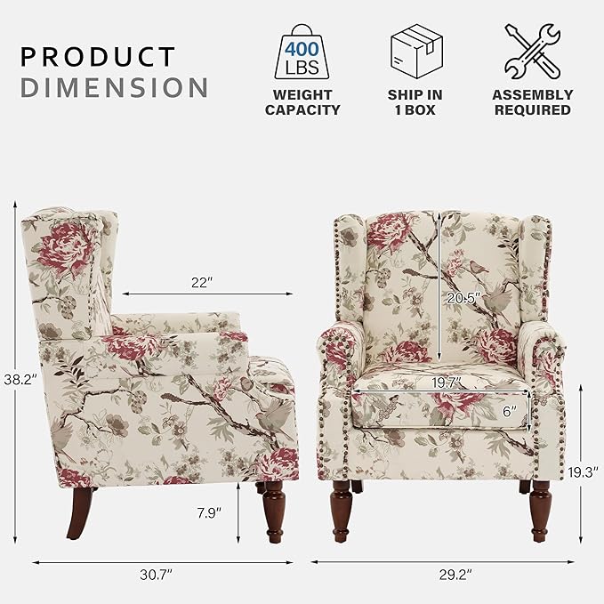Lumibee Wingback Accent Chair,High Back Floral Armchairs in Fabric,Comfy Upholstered Reading Single Sofa Chair with Solid Wood Legs for Living Room,Bedroom,Office-Floral Beige-Ruum Studio Home