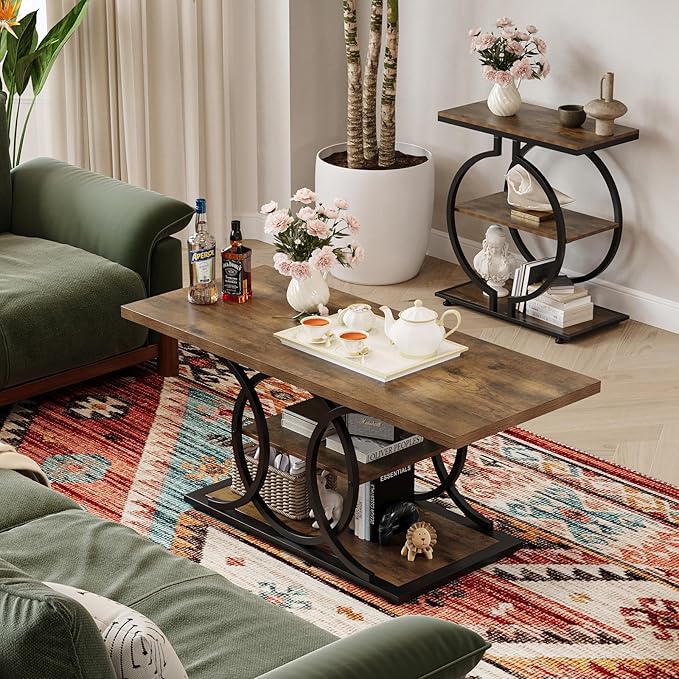 GiftGo Rustic Coffee Table with Storage Industrial 3 Tier Center Living Room Table Farmhouse Wooden Rectangle Cocktail Tea Table for Office Bedroom Elegant Full Moon Round Metal Frame (Brown, L-47)-Ruum Studio Home