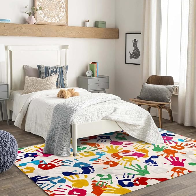 STARUIA Handprints and Footprints Large Kids Rug 5'x7', Washable Colorful Area Rug for Nursery Room, Non-Slip Play Mat Ultra Soft Indoor Carpet for Bedroom Playroom Classroom-Ruum Studio Home