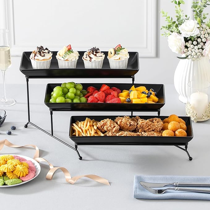 MALACASA 3 Tier Serving Trays for Party, Stoneware Serving Platters and Trays, 14 Inch Tiered Tray Stand, Fruit Tray, Trays for Serving Food, Black Dessert Stand with Collapsible Sturdier Metal Rack-Ruum Studio Home