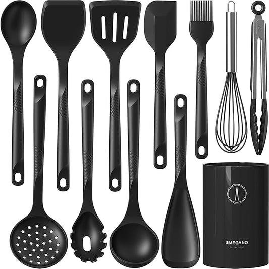 Silicone Cooking Utensils Set - 600°F Heat Resistant, Nonstick Kitchen Utensil Set with Spatulas, Spoons, Whisk, Tongs, BPA Free, Dishwasher Safe, Black-Ruum Studio Home