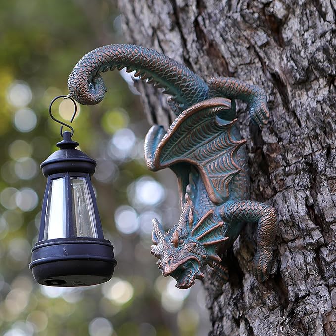 Solar Dragon Tree Hugger Statue Wall Decor - Gothic Garden Statue with Solar Lantern, Outdoor&Yard Decor, Fantasy Dragon Figurine for Trees, Walls, or Fences - Unique for Men & Women-Ruum Studio Home