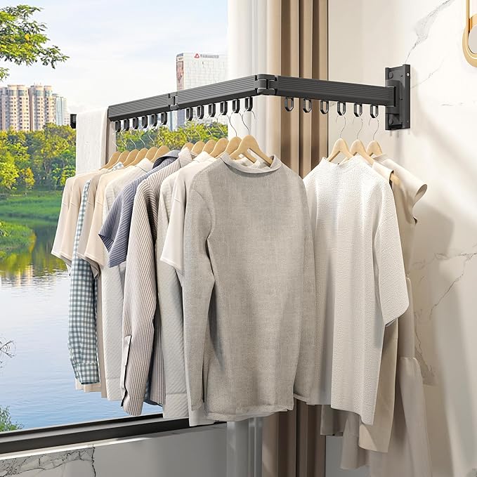 Grey Color Laundry Rack - Wall Mounted, Collapsible Clothes Drying Rack With Loop-type Hooks-Ruum Studio Home