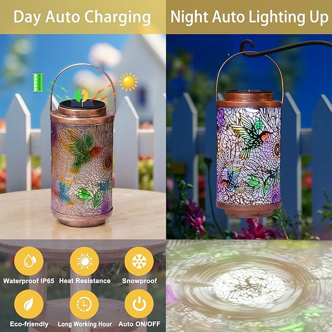 2Pack Solar Lanterns Outdoor Waterproof Hummingbird Colorful Garden Gifts for Mom, Multicolor Solar Lights Lantern for Backyard Garden, Pathway, Outside, Mothers' Day Gifts for Grandma Women-Ruum Studio Home