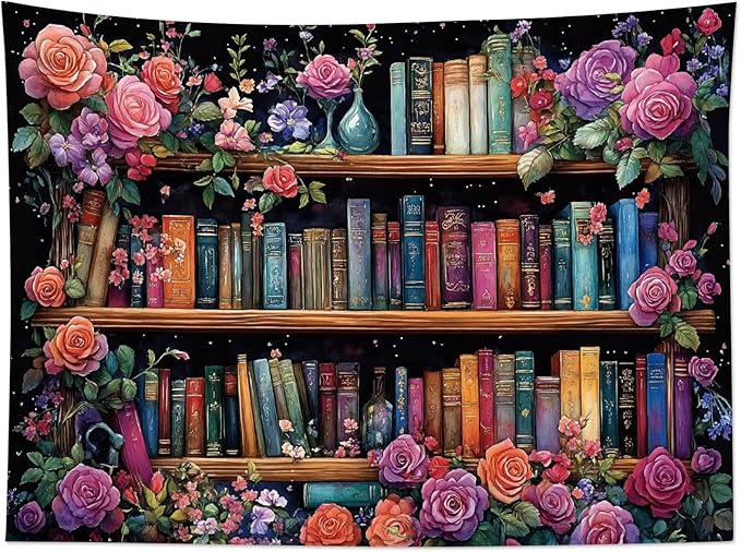 HVEST Bookshelf Tapestry Wall Hanging Pink Floral Green Leaf Watercolor Plant Botanical Aesthetic Wall Decor Vintage Library Book Tapestry for Bedroom Living Room Dorm, 60L x 80W Inches-Ruum Studio Home