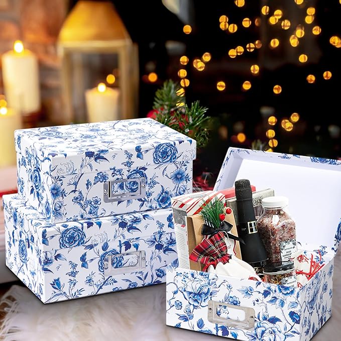 Briful Decorative Photo Storage Boxes with Lids, Set of 4 – Blue and White Porcelain Pattern, Nested Card Storage Box Organizer, Decorative Paperboard Box for Closet, Office, Gifts-Ruum Studio Home