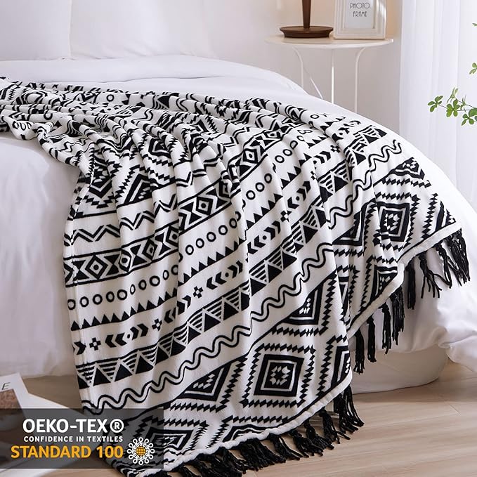 CASAAGUSTO Boho Throw Blanket - Black and White Decorative Blankets with Tassel, Printed Flannel Bohemian Blanket for Chair, Bed, Sofa, Couch(50 * 60, Black and White)-Ruum Studio Home