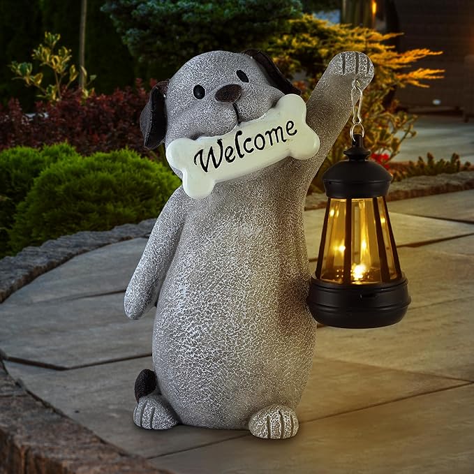 Solar Dog Statues for Garden Decor - Outdoor Dog Figurines with Solar Lantern for Yard Patio Lawn Balcony Ornaments - Garden Gifts for Mothers Day, Grandma, Easter-Ruum Studio Home