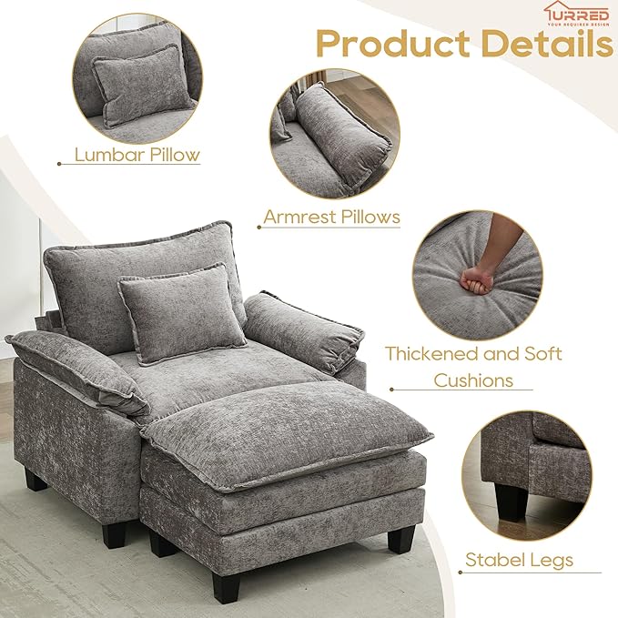 URRED Modular Sectional Sofa Comfy Cloud Couch, Modern Chenille Sofa Sleeper Deep Seat Couches with Ottoman/Pillows for Living Room (Gray, 53''- Ottoman)-Ruum Studio Home